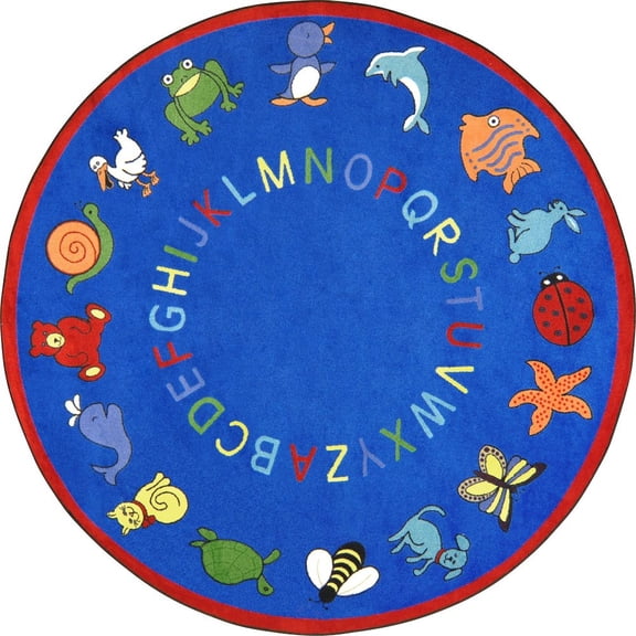 Joy Carpets Kid Essentials ABC Animals 7'7" Round Area Rug in Color Blue