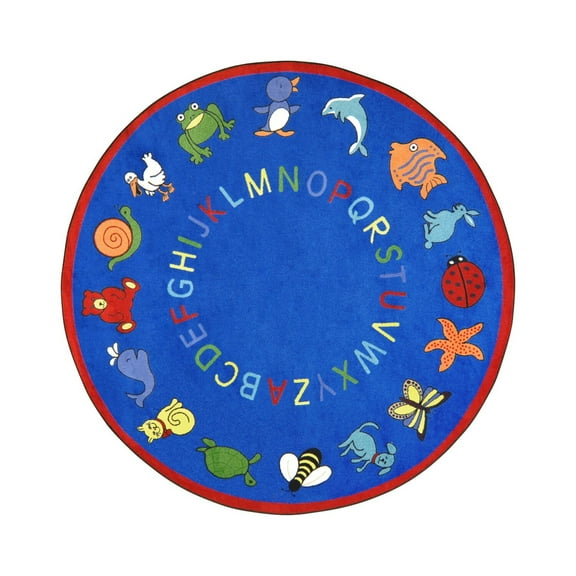 Joy Carpets 1449E-01 ABC Animals Blue 7 ft.7 in. Round WearOn Nylon Machine Tufted- Cut Pile Educational Rug