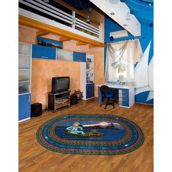 Joy Carpets Kid Essentials AlphaScript 7'7" Round Area Rug in Color Blue