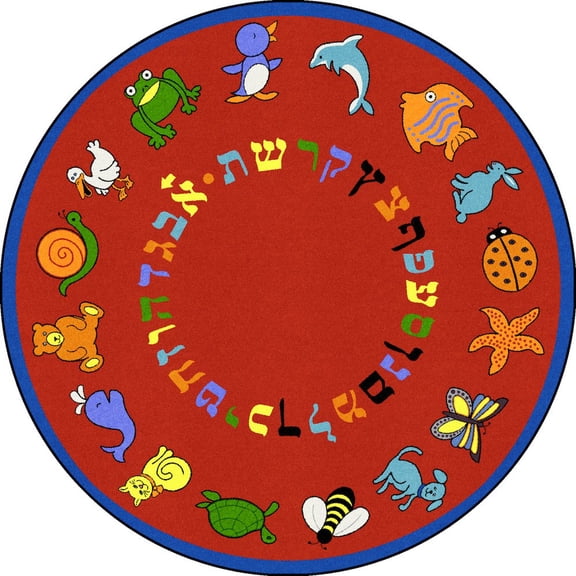 Joy Carpets Kid Essentials ABC Animals (Hebrew Alphabet) 7'7" Round Area Rug in Color Red