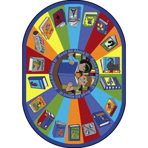 Joy Carpets Kid Essentials Read All About It 7'8" x 10'9" Oval Area Rug in Color Multi
