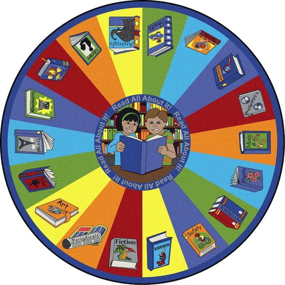 Joy Carpets Kid Essentials Read All About It 7'7" Round Area Rug in Color Multi