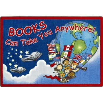 Joy Carpets Kid Essentials Language & Literacy Oval Books Can Take You Anywhere Rug, Sky Blue, 7'8" x 10'9"