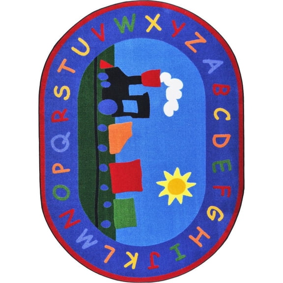 Joy Carpets Kid Essentials Tiny Train 7'8" x 10'9" Oval Area Rug in Color Multi