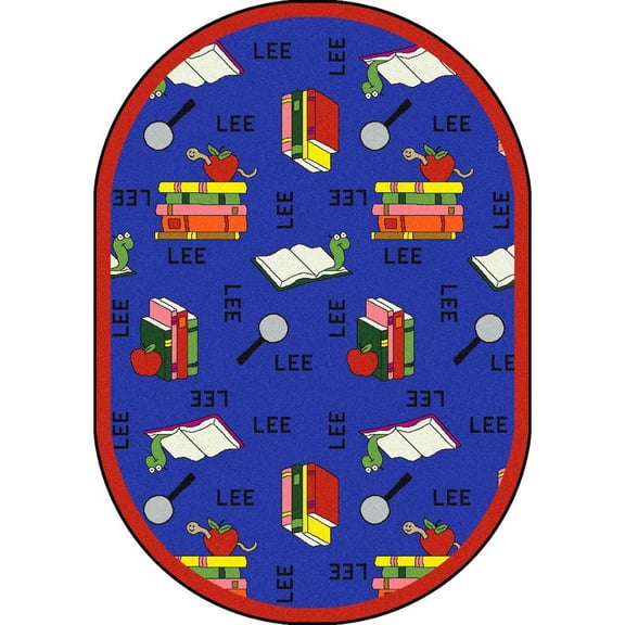 Joy Carpets Kid Essentials Bookworm (Spanish) 10'9" x 13'2" Oval Area Rug in Color Blue