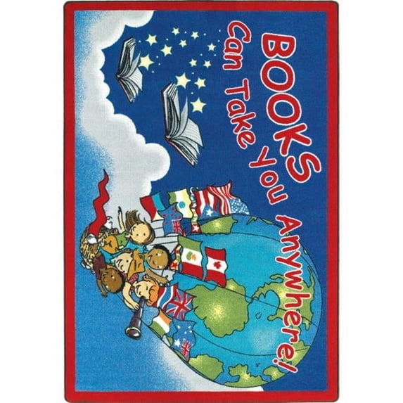 Joy Carpets Kid Essentials Books Can Take You Anywhere Language & Literacy Oval Rugs 01 Sky Blue - 5 ft. 4 in. x 7 ft. 8 in.