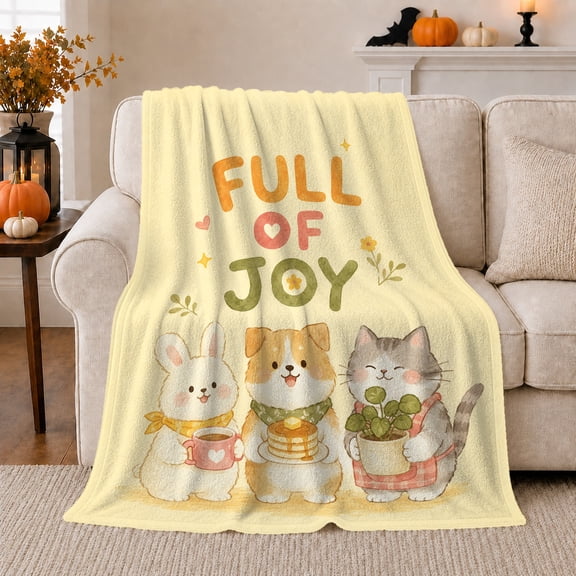 Of Joy Cartoon Animals Rabbit Dog Cat Cheerful, Playful Celestial Scene, Warm Flannel Blanket for Living Room and Bedroom, Dog Lovers Valentine's Day Gift, Celestial Home Decor