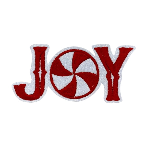 Joy Christmas Iron-On Patch  Red and White Peppermint Embroidered Applique for Hats, Stockings, Jackets, and Holiday Crafts  4 Inch Wide
