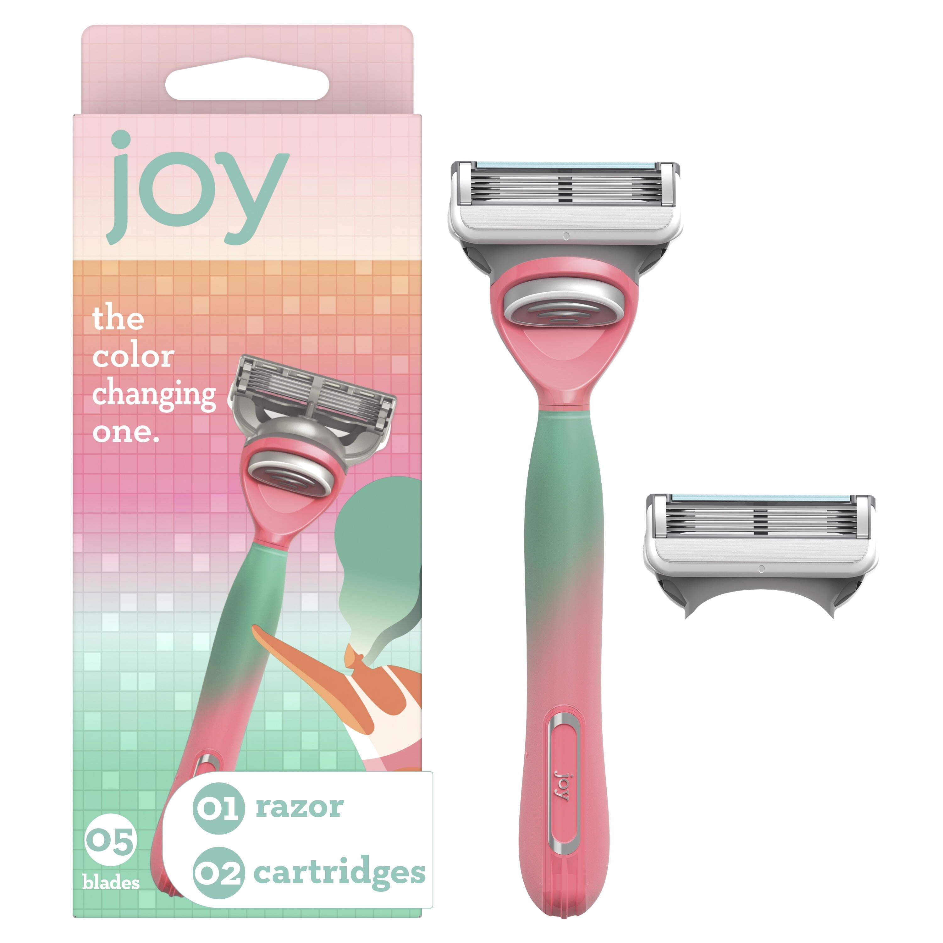 joy Female Razor Handle and 2 Blade Refill Cartridges, Color-changing