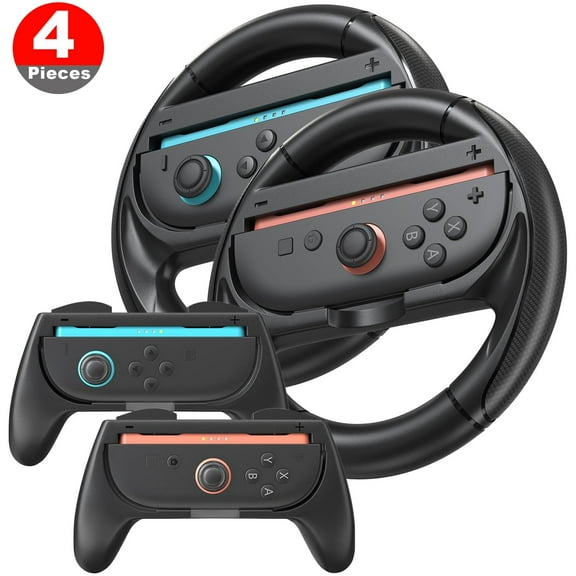 Joy-Con Grips and Steering Wheels for Nintendo Switch 2 Mario Kart World, Ergonomic Design 4 in 1 Switch 2 Accessories Bundle for Joy-Con 2 Controllers (Black)