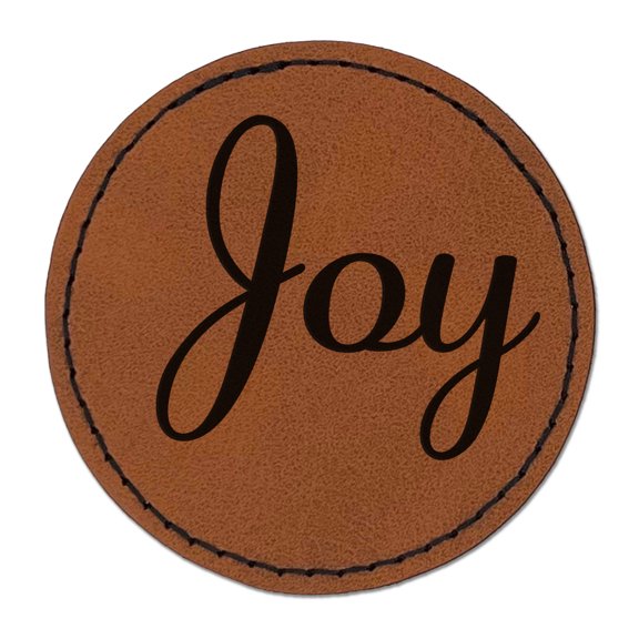 Joy Cursive Text 2.5" Faux Leather Round Engraved Iron-On Patch - Brown