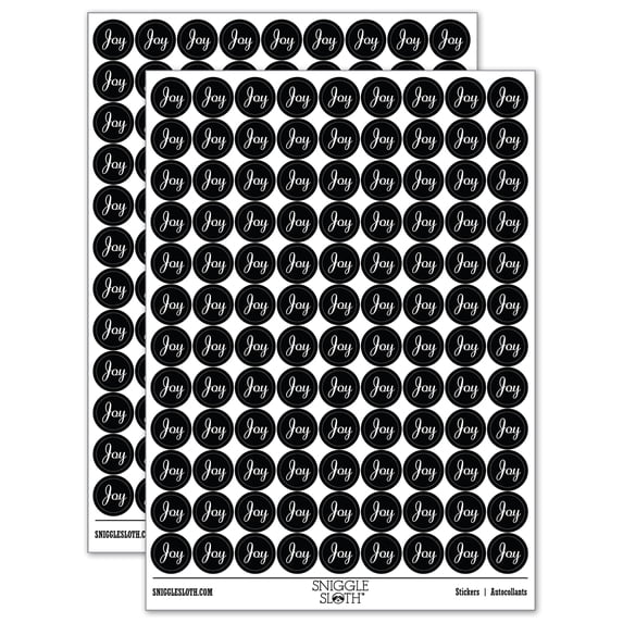 Joy Cursive Text 200+ Round Stickers - Black - Gloss Finish - 0.50" Size