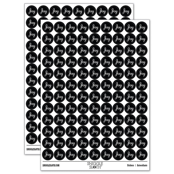 Joy Cursive Text 200+ Round Stickers - Black - Gloss Finish - 0.50" Size