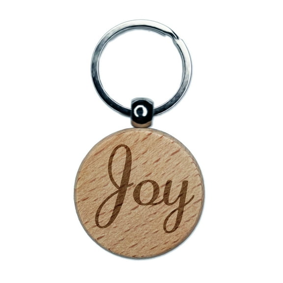 Joy Cursive Text Round Keychain Charm Tag - Engraved Wood