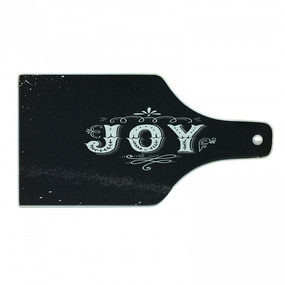 Joy Cutting Board, Retro Style Phrase Joy Christmas Themed Floral Arrangement Calligraphy Ornate Design, Tempered Glass Cutting and Serving Board, Wine Bottle Shape, Black White, by Ambesonne