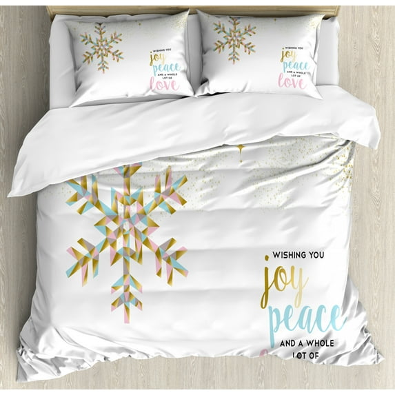 Joy Duvet Cover Set Queen Size, Christmas Pattern with Polygonal Snowflake with Peace Love Quote Ornate, Decorative 3 Piece Bedding Set with 2 Pillow Shams, Sepia Baby Pink Pale Blue, by Ambesonne