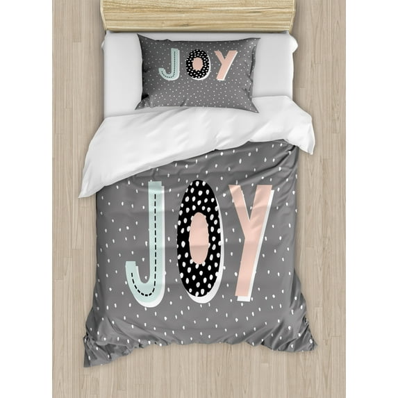 Joy Duvet Cover Set Twin Size, Winter Concept Christmas Theme Cartoon Illustrated Text, Decorative 2 Piece Bedding Set with 1 Pillow Sham, Taupe Grey Pale Peach Pale Blue and Black, by Ambesonne