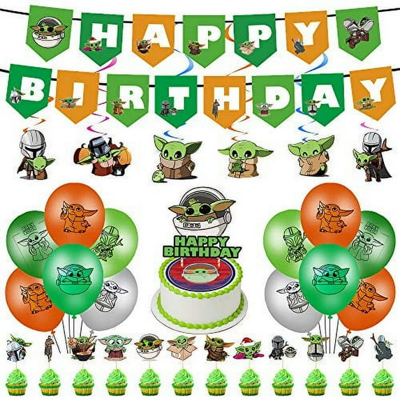 Joy-Express Baby Yoda Birthday Party Supplies, Baby Yoda Party Decorations included Banners, Hanging Swirls, Balloons and Cake Toppers