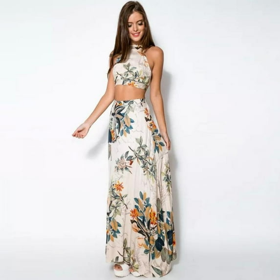 Joy Guru Women's Boho Off Shoulder Maxi Dress Set, Floral Halter Backless, Sizes S-XL