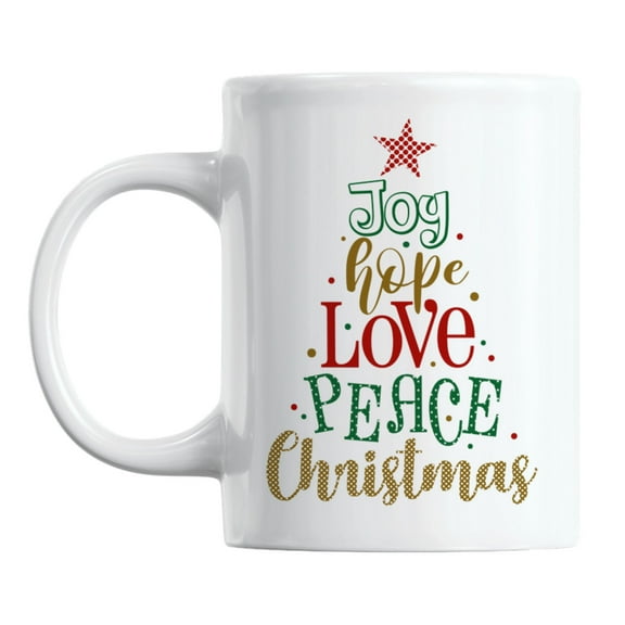 Joy, Hope, Love, Peace, Christmas Tree White Ceramic Coffee & Tea Mug (11oz)