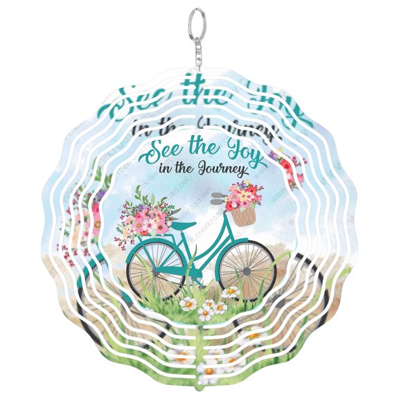 Joy In The Journey Bicycle Flowers 3D Wind Spinner Aluminum Metal Inspirational Quote Round