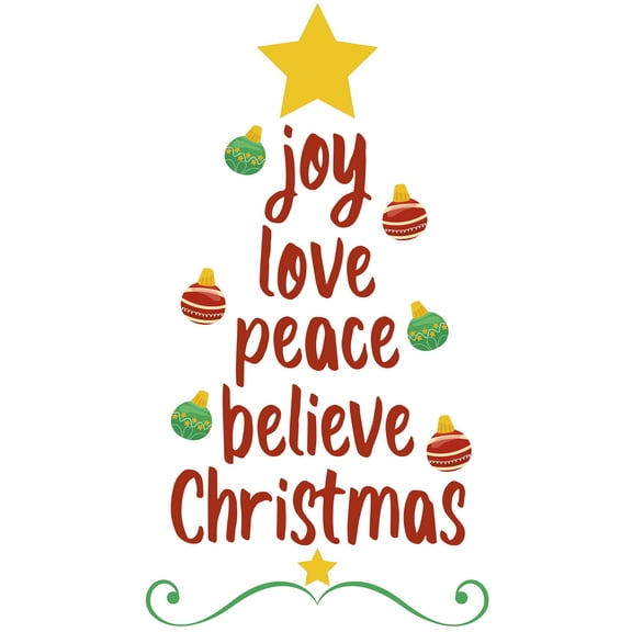 Joy Love Peace Believe Christmas Loving Quote on a Christmas Tree Shape Creative Design for Living Room Vinyl Wall Decal - Cheerful Theme for Holidays with Shining Lights on Balls with Star on Top Art
