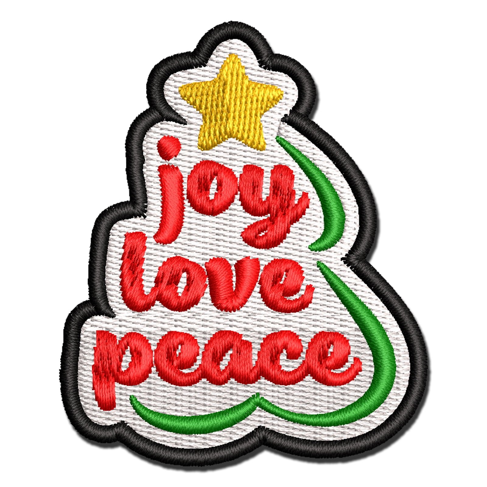 Joy Love Peace Christmas Tree Applique Multi-Color Embroidered Hook & Loop Patch - 3.5 Inch Large