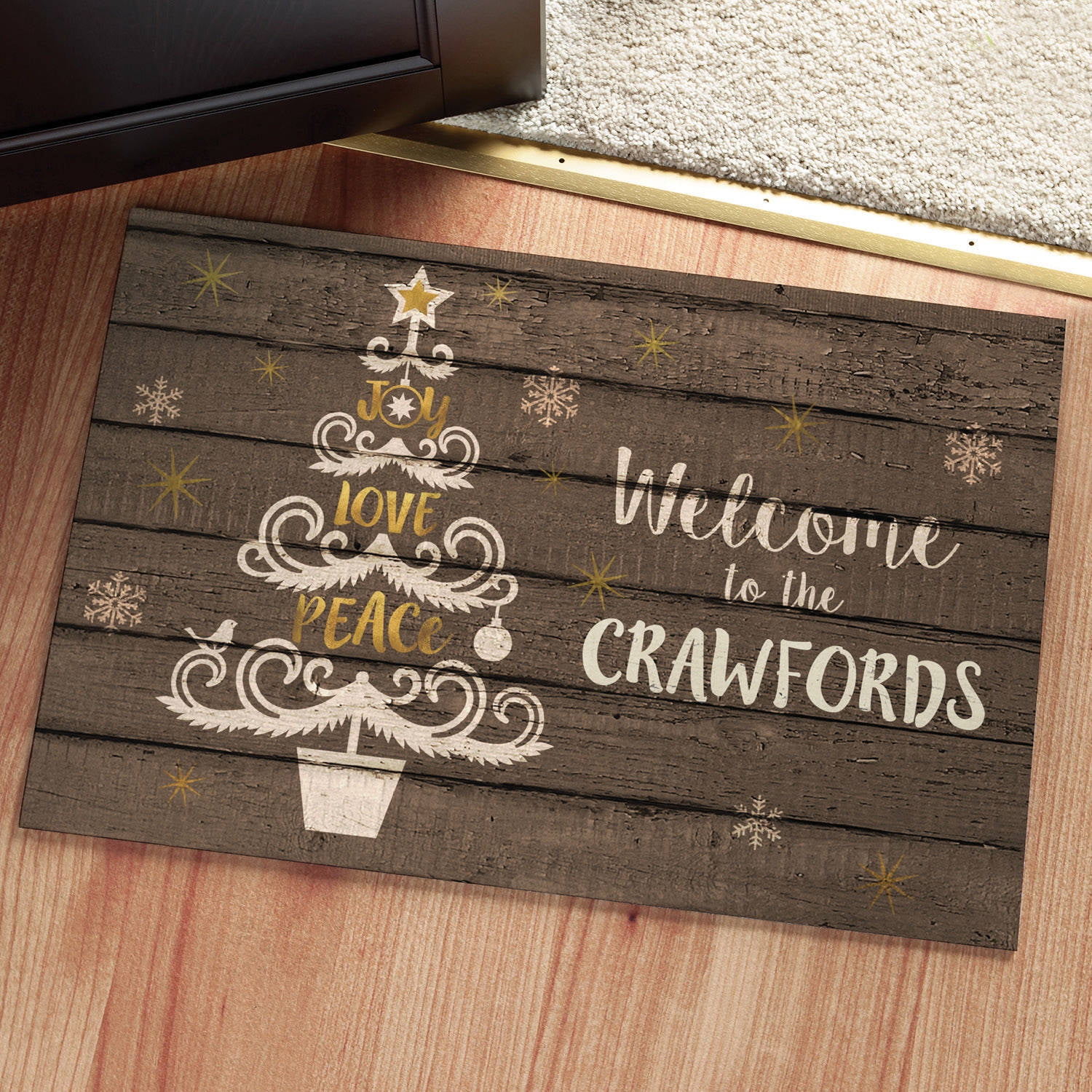 Joy, Love, Peace Tree Personalized Christmas Doormat, Brown