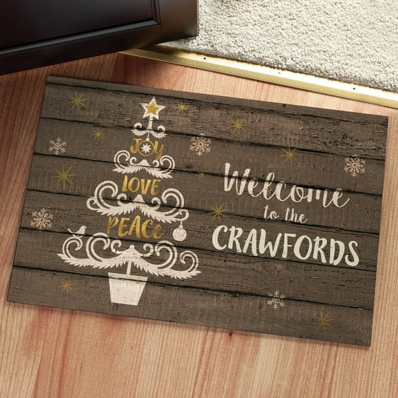 Joy, Love, Peace Tree Personalized Christmas Doormat, Brown