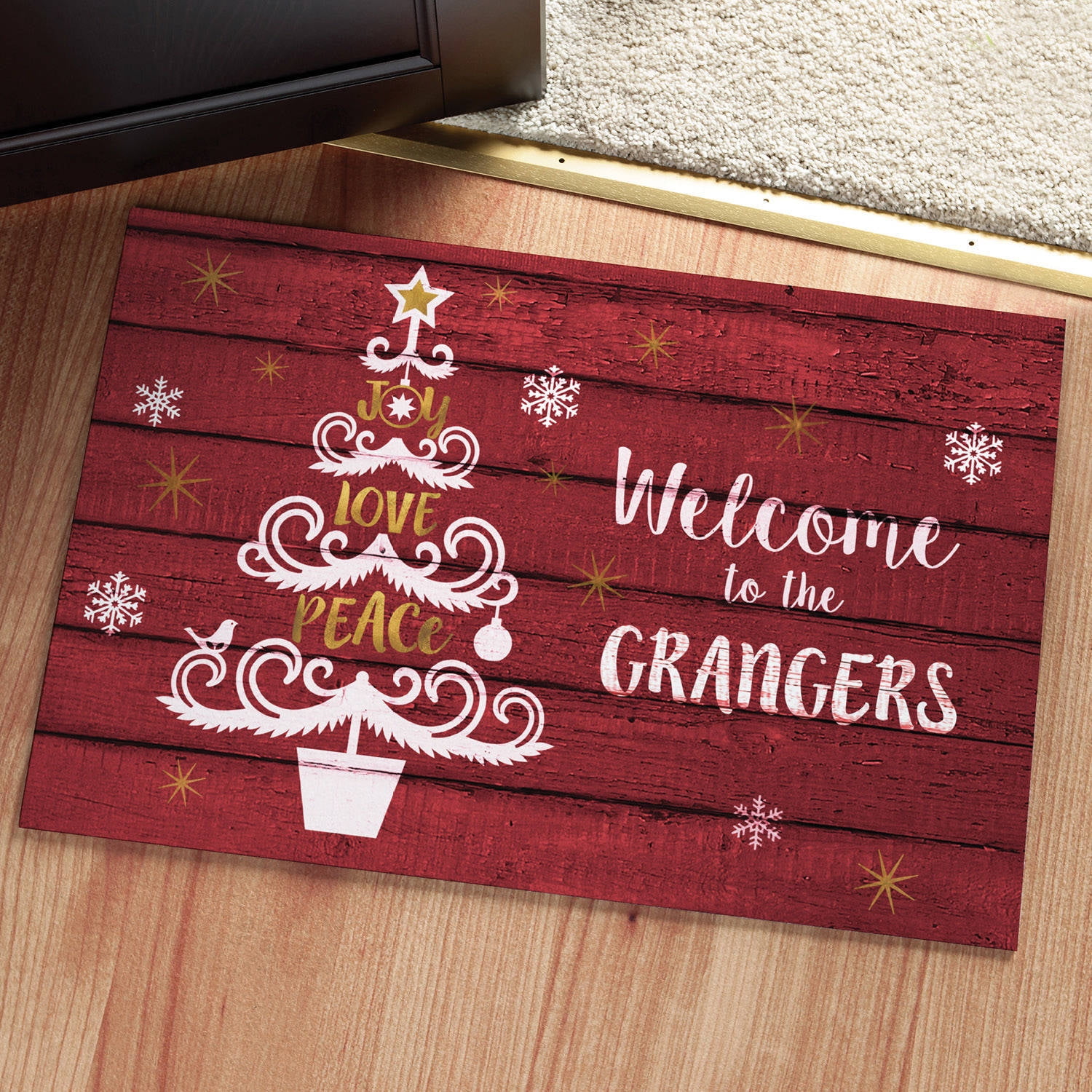 Joy, Love, Peace Tree Personalized Doormat, Red
