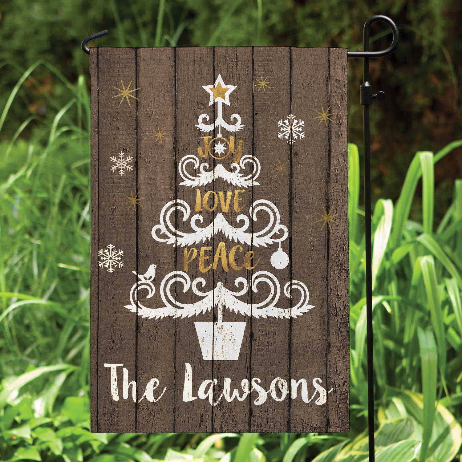 Joy, Love, Peace Tree Personalized Garden Flag, Brown