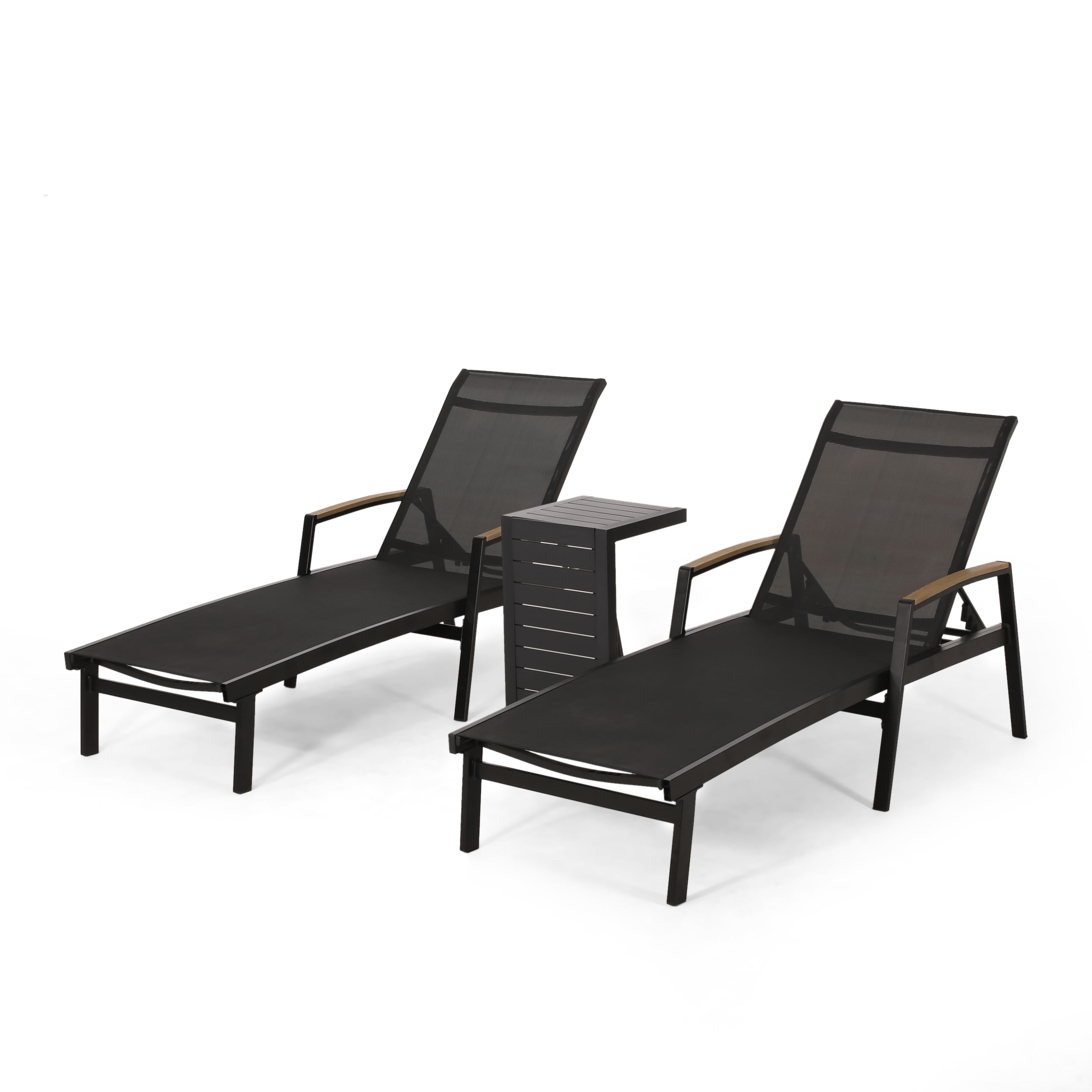 Black Aluminum Outdoor Chaise Lounge Set with C-Shaped Table