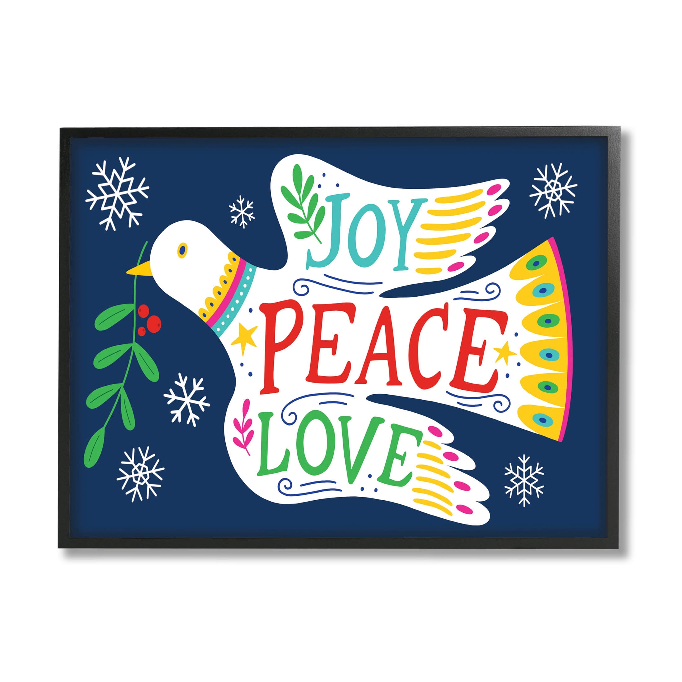 Joy Peace Love Dove Holly Sprig Holiday Graphic Art Black Framed Art Print Wall Art