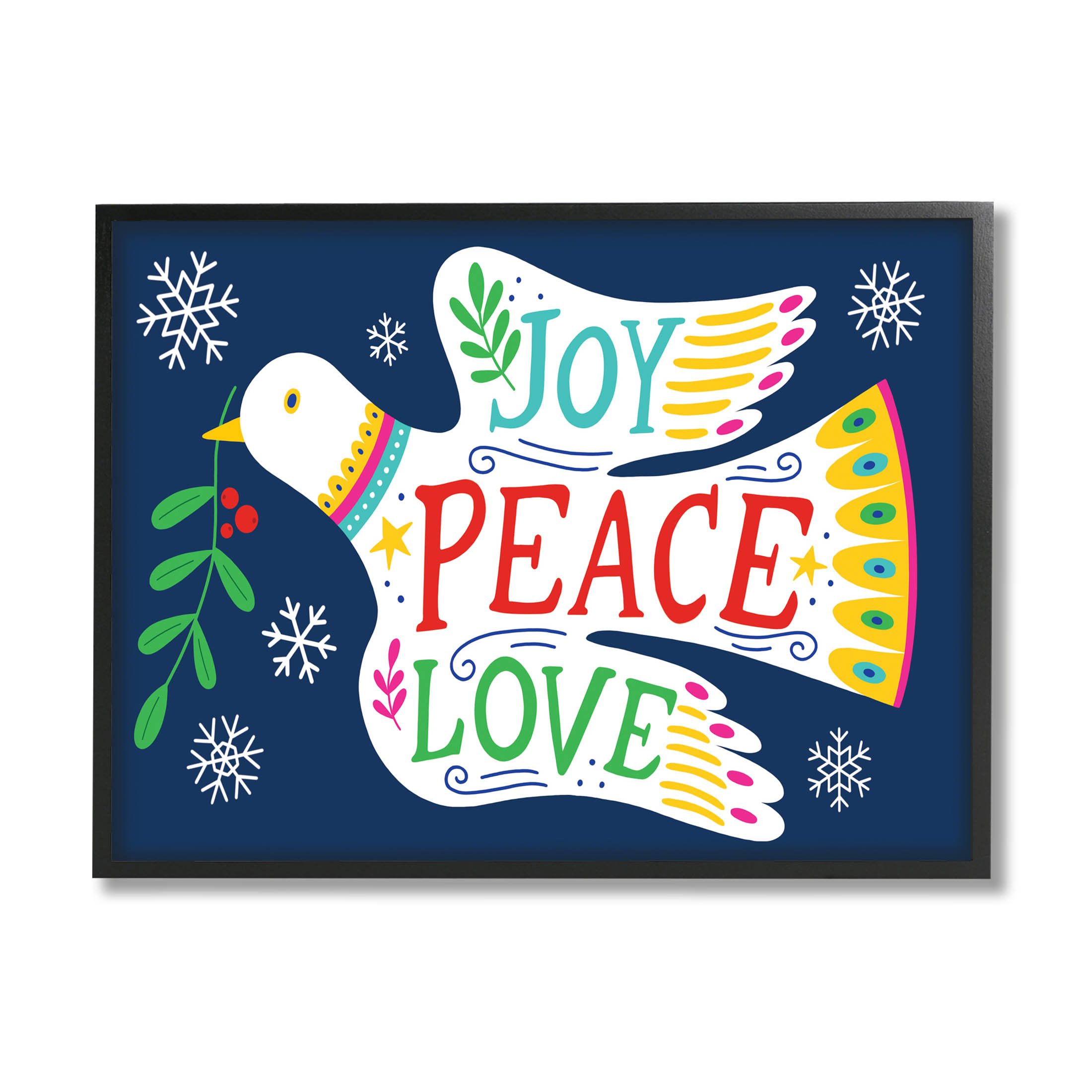 Joy Peace Love Dove Holly Sprig Holiday Graphic Art Black Framed Art Print Wall Art