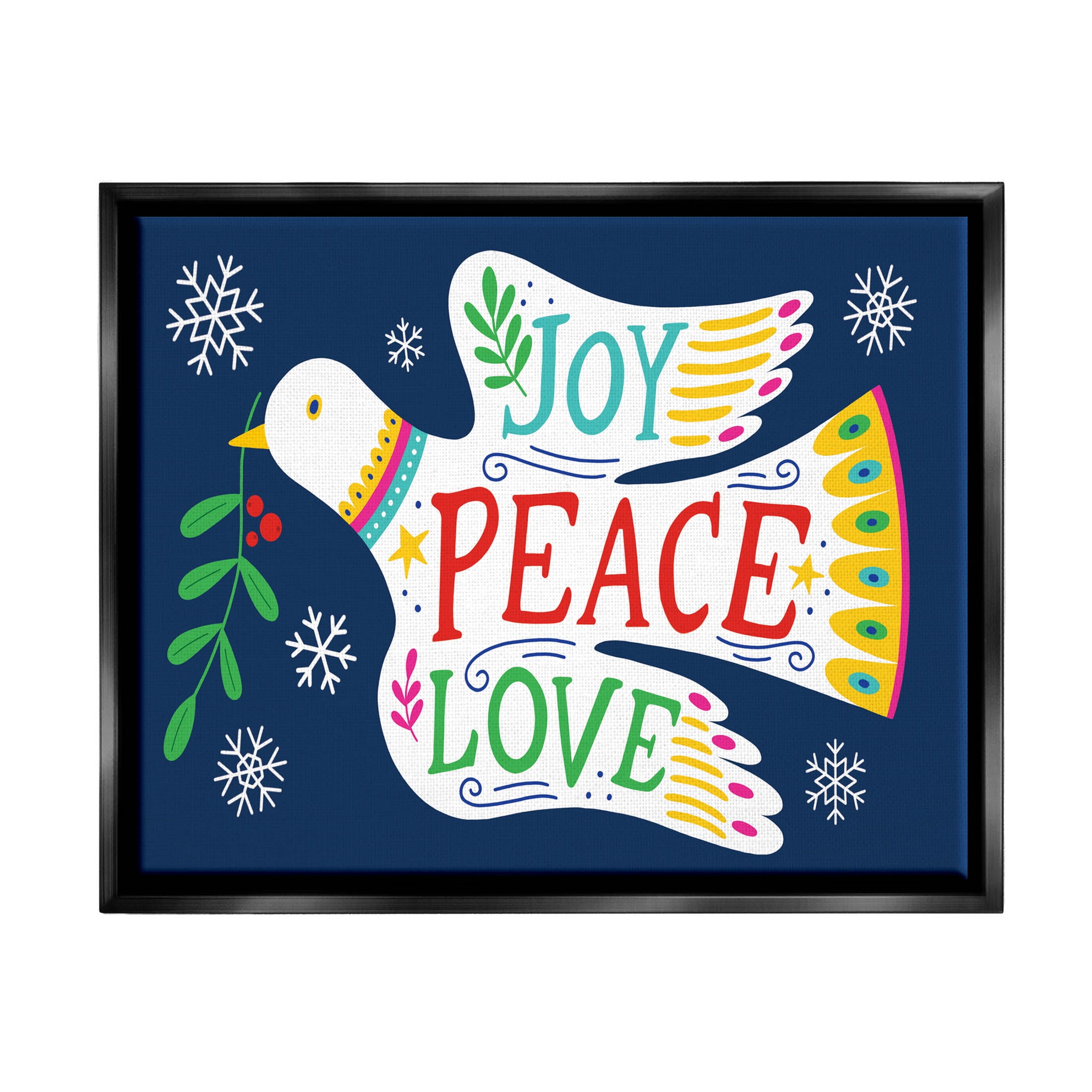 Joy Peace Love Dove Holly Sprig Holiday Graphic Art Jet Black Framed Art Print Wall Art