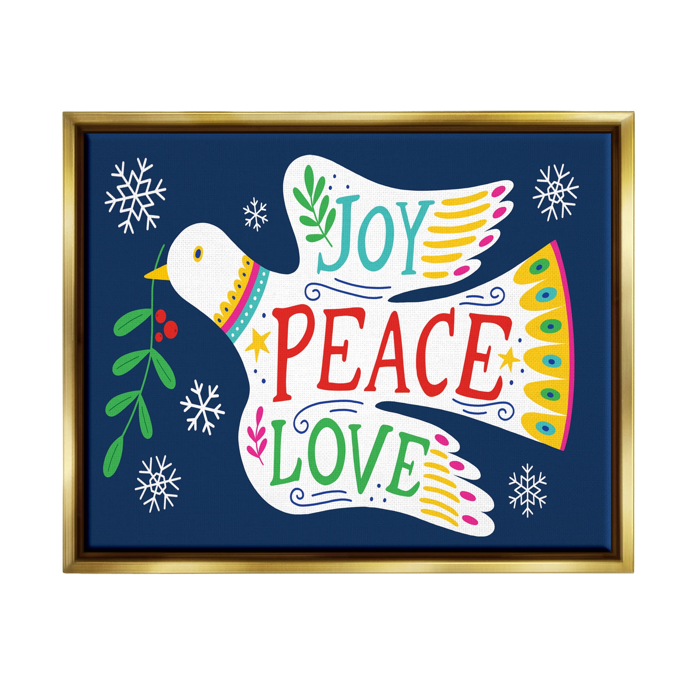 Joy Peace Love Dove Holly Sprig Holiday Graphic Art Metallic Gold Framed Art Print Wall Art
