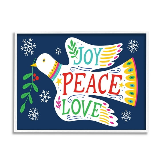 Joy Peace Love Dove Holly Sprig Holiday Graphic Art White Framed Art Print Wall Art