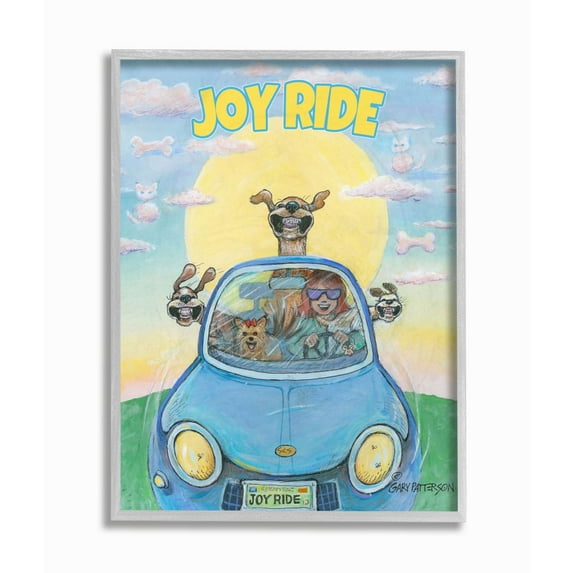 Joy Ride Funny Cartoon Pet Dog Design Gray Farmhouse Rustic Framed Giclee Texturized Art by Gary Patterson