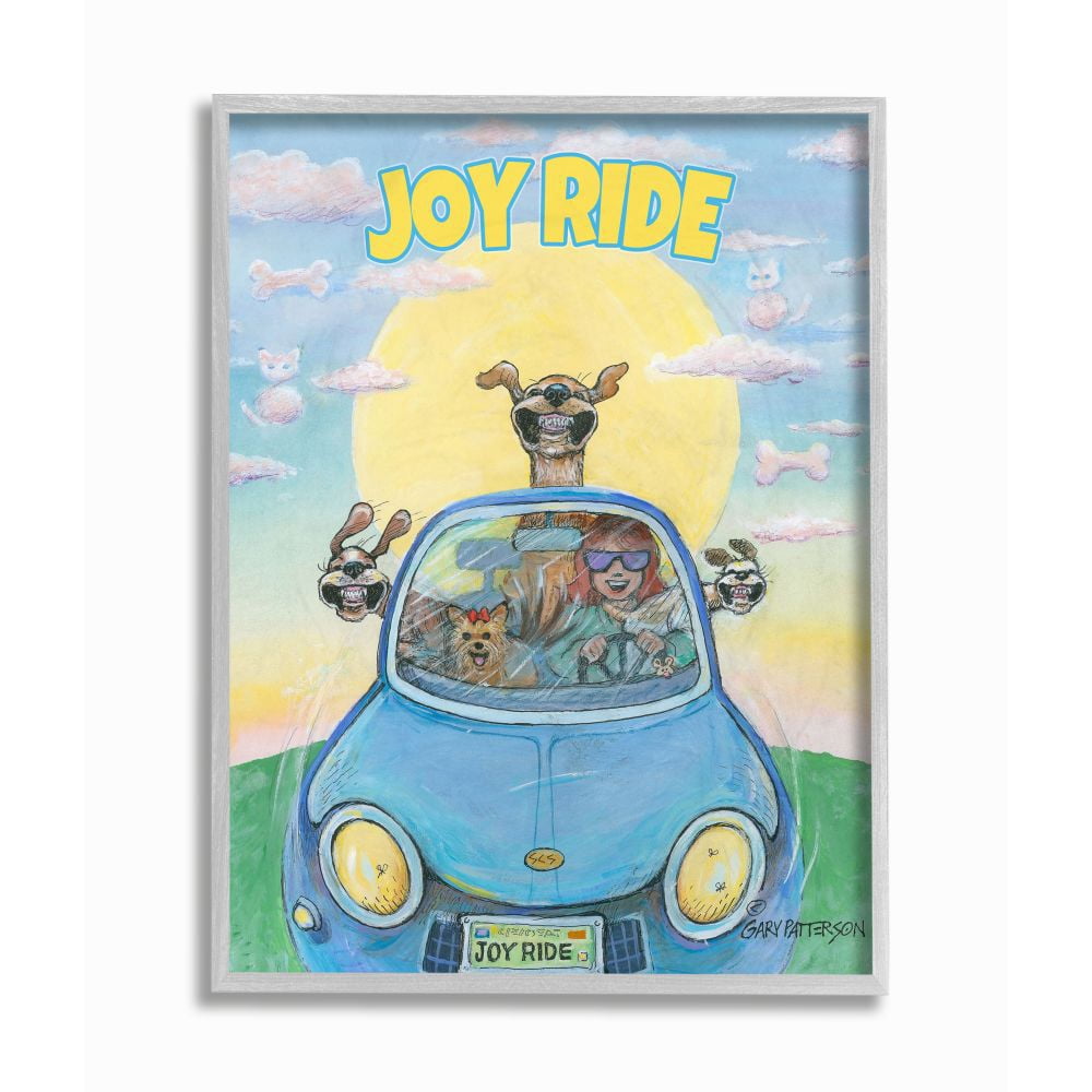 Joy Ride Funny Cartoon Pet Dog Design Gray Farmhouse Rustic Oversized Framed Giclee Texturized Art by Gary Patterson
