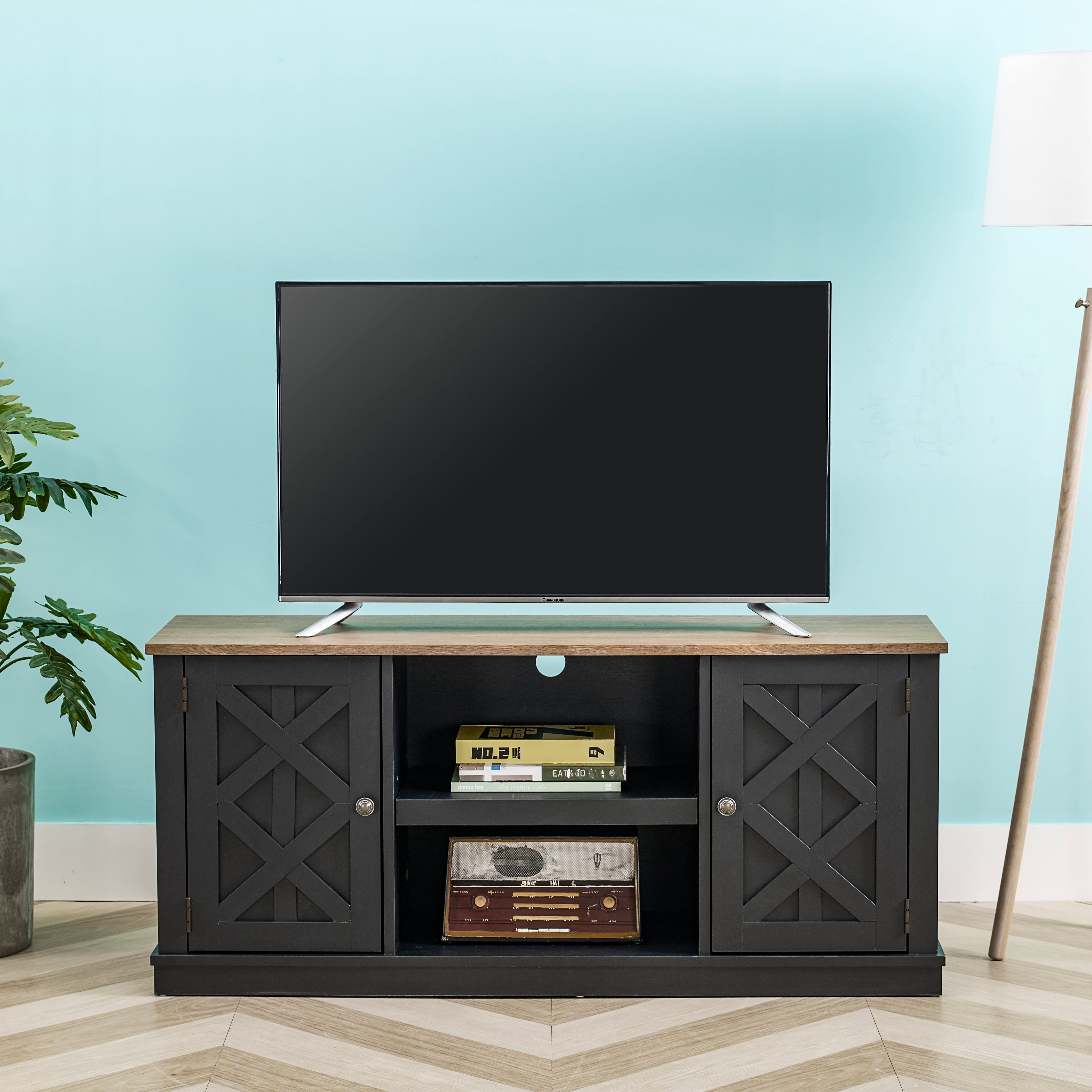 Joy River 54" Rustic TV Stand with Barn Door Cabinets,Black