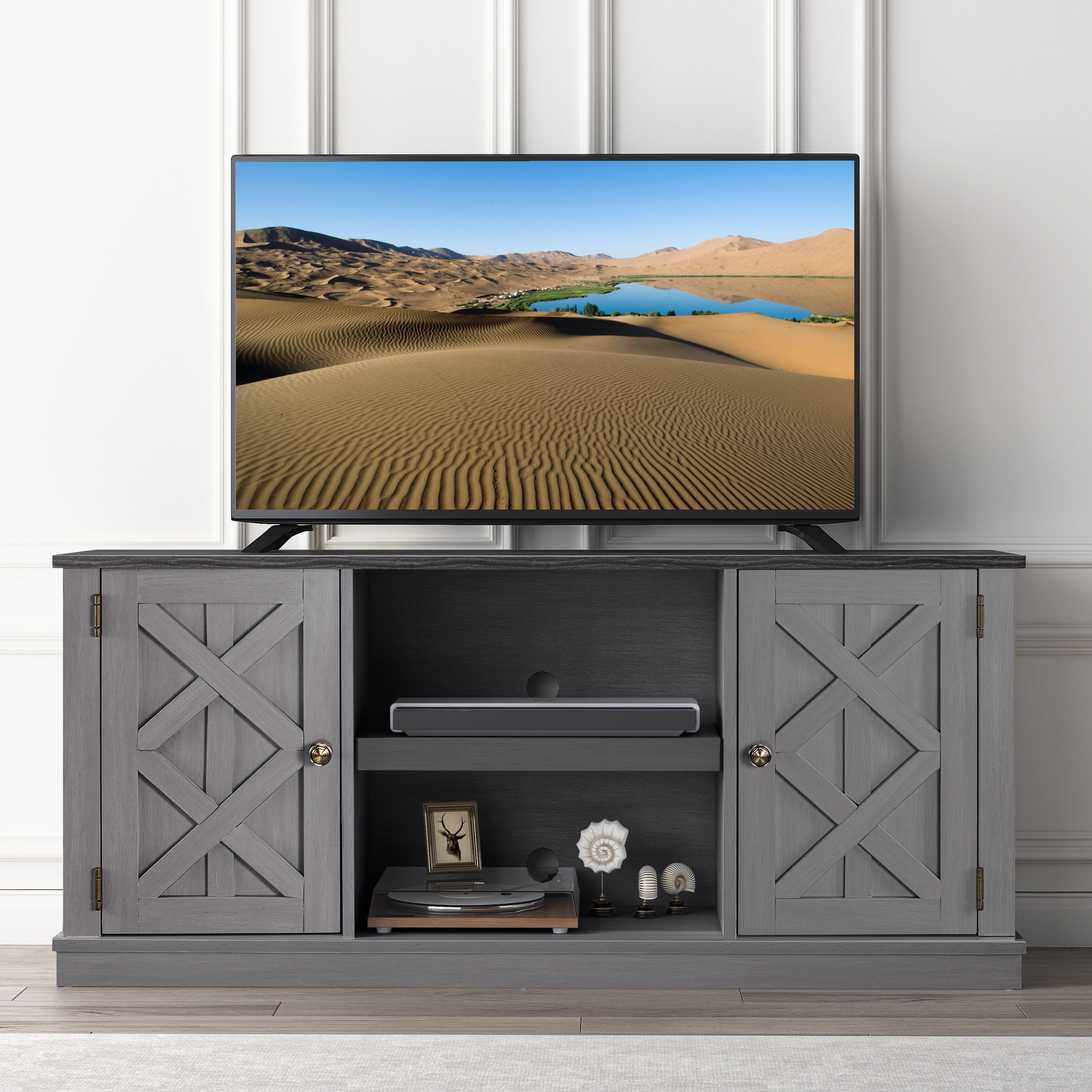 Joy River 54" Rustic TV Stand with Barn Door Cabinets,Grey