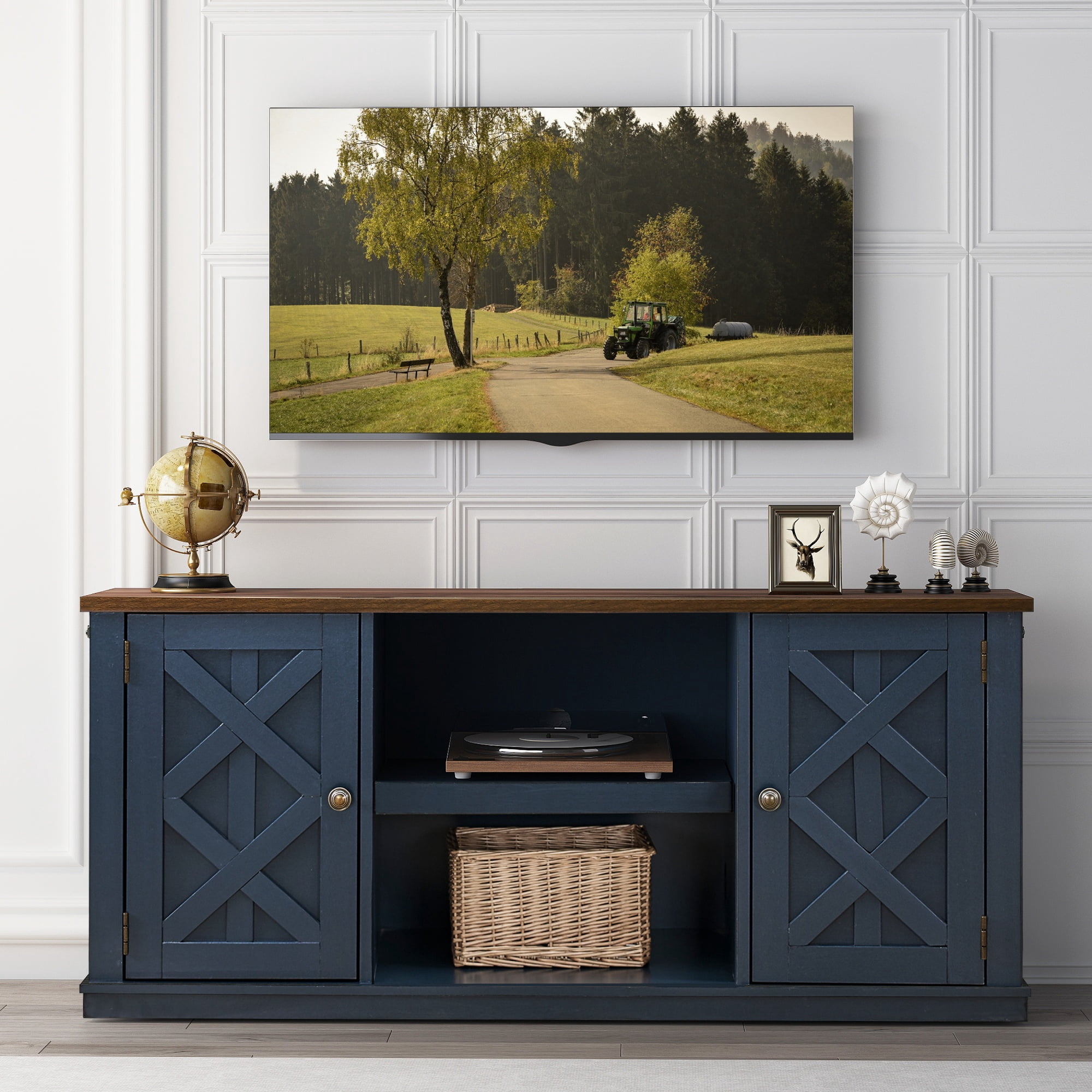 Joy River 54" Rustic TV Stand with Barn Door Cabinets,Navy