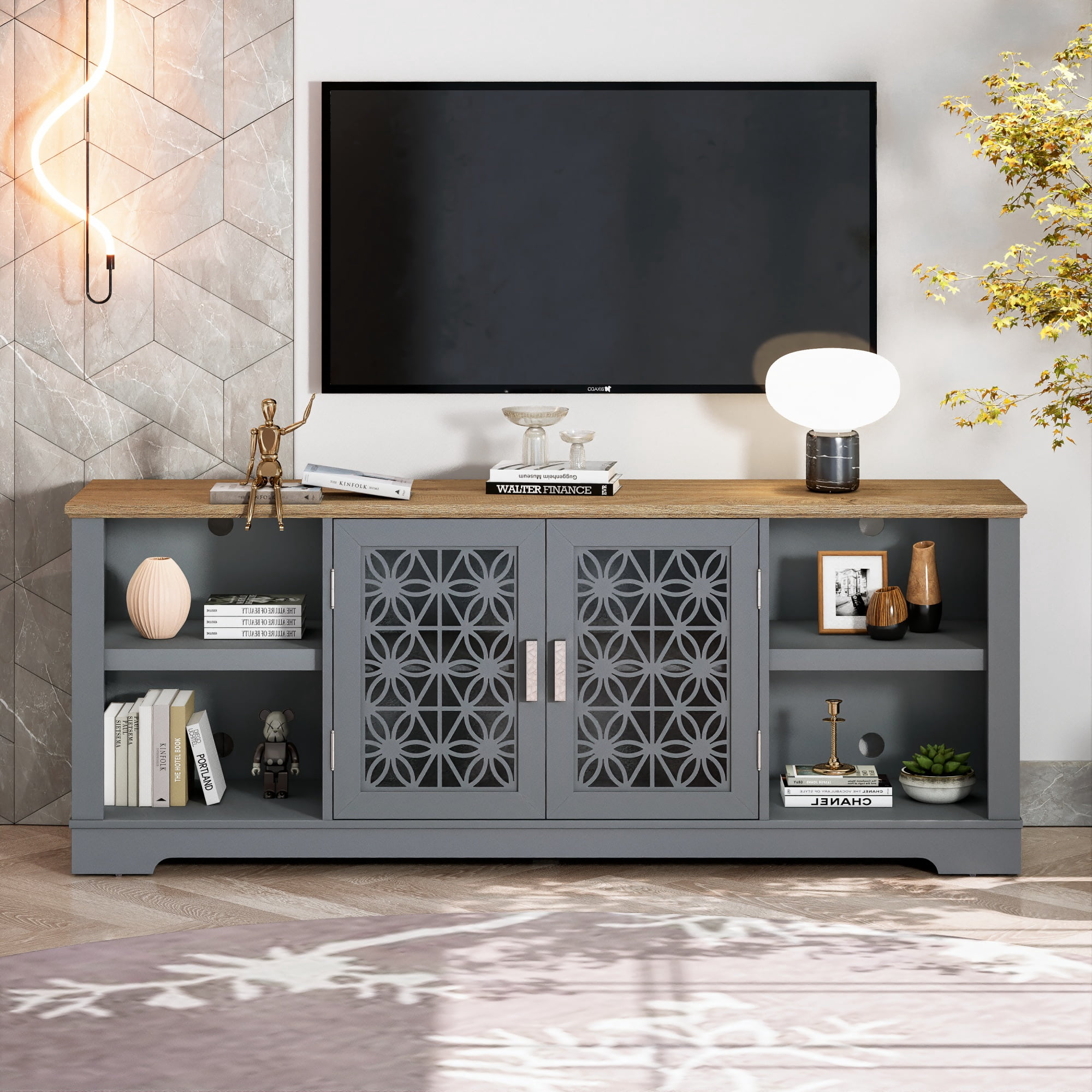 Joy River 70" Rustic TV Stand with Floral Door & Adjustable Shelf,Grey