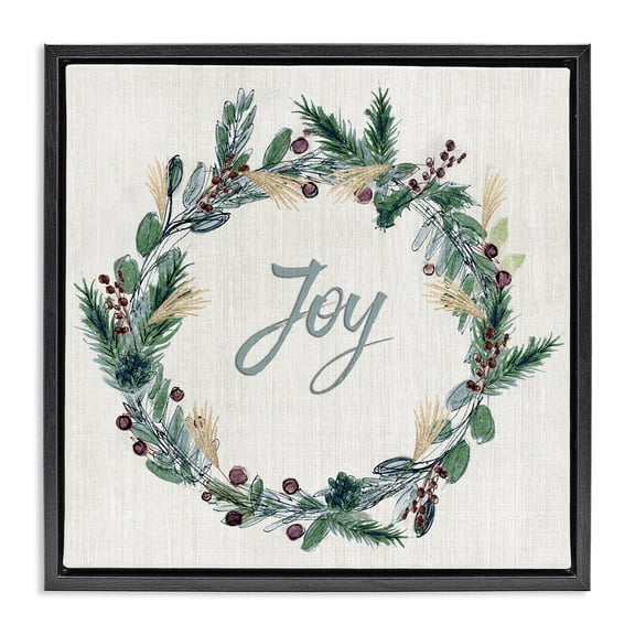 Stupell Industries Joy Seasonal Greenery Wreath Black Framed Floater Canvas Wall Art, design by Susan Jill, 18 x 18