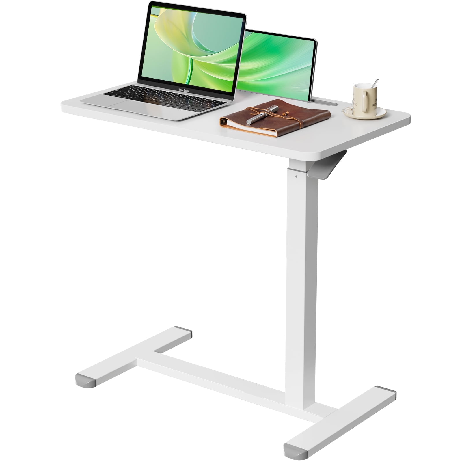 Mobile Standing Desk 27.5inch Adjustable Overbed Bedside Table With Hidden Wheels for Hospital, White