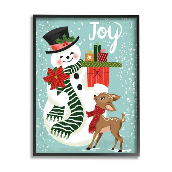 Joy Smiling Snowman Holiday Deer Holiday Graphic Art Black Framed Art Print Wall Art