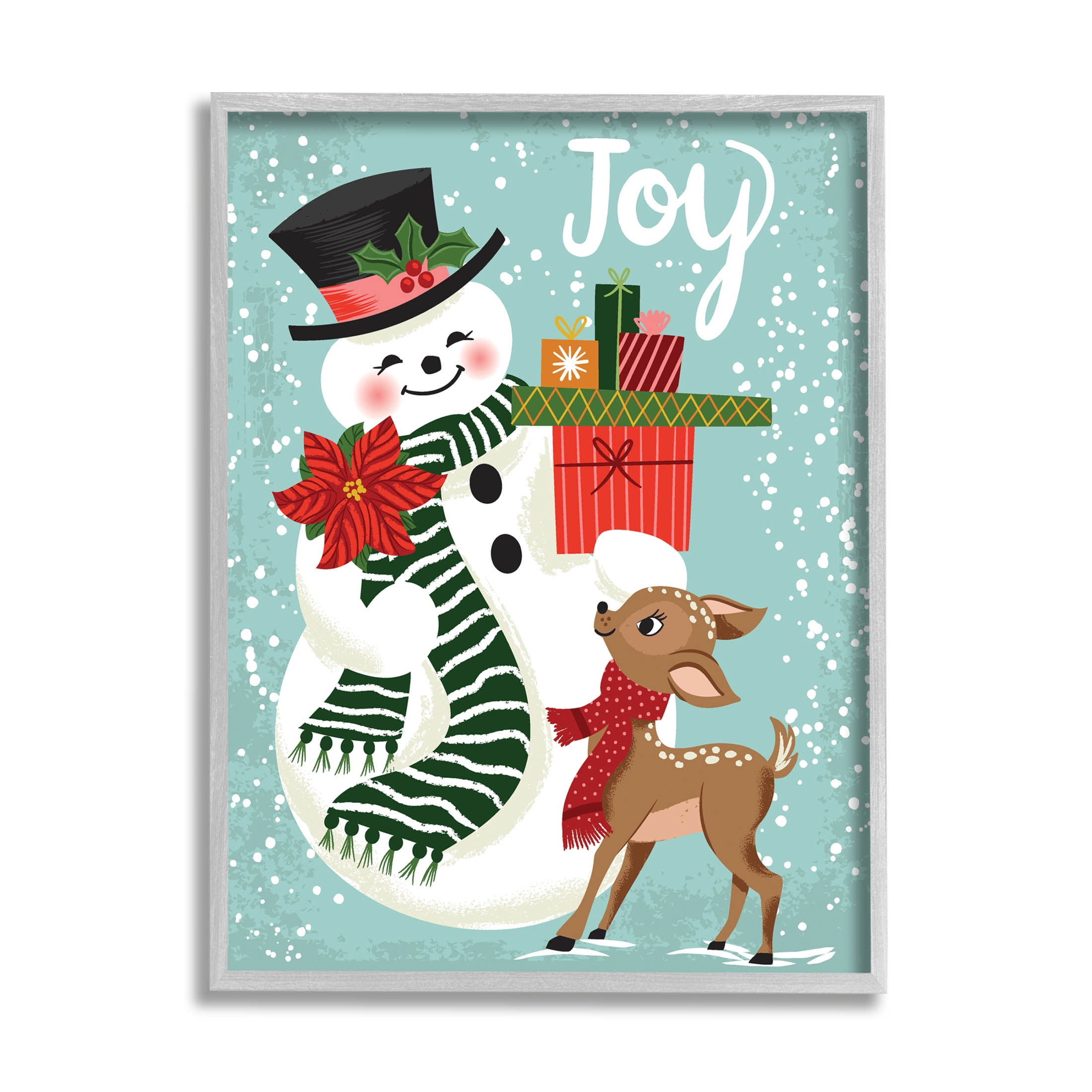 Joy Smiling Snowman Holiday Deer Holiday Graphic Art Gray Framed Art Print Wall Art