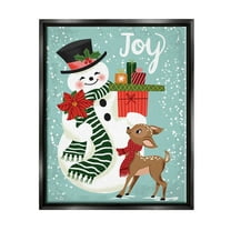 Joy Smiling Snowman Holiday Deer Holiday Graphic Art Jet Black Framed Art Print Wall Art