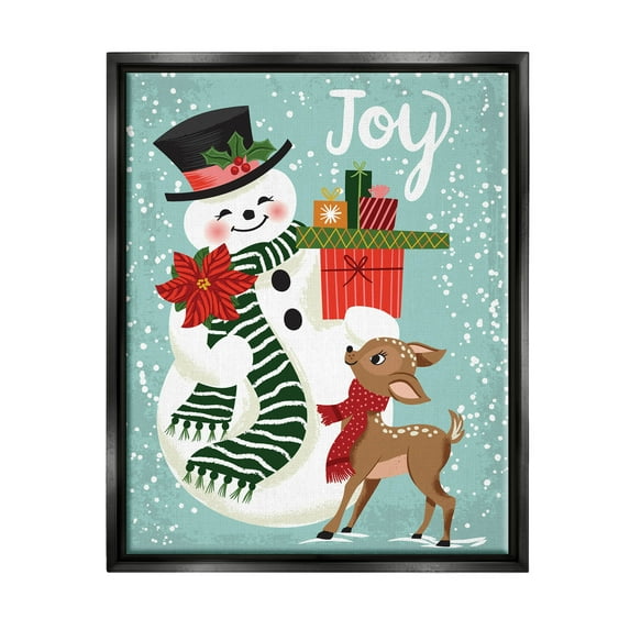 Joy Smiling Snowman Holiday Deer Holiday Graphic Art Jet Black Framed Art Print Wall Art