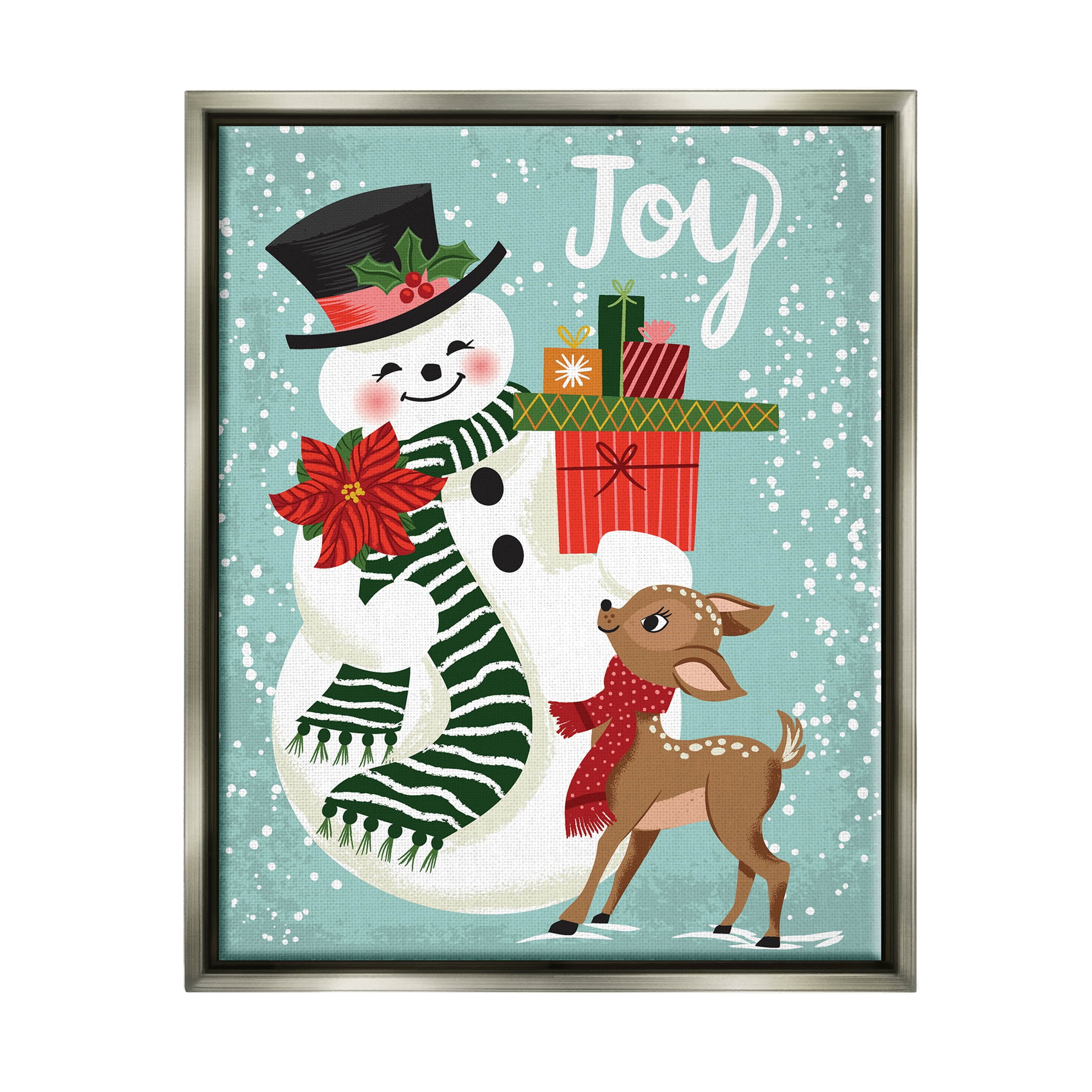 Joy Smiling Snowman Holiday Deer Holiday Graphic Art Luster Gray Framed Art Print Wall Art